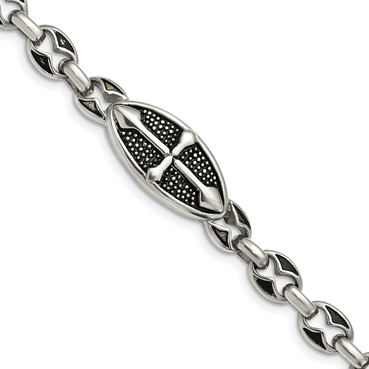 Stainless Steel Antiqued Textured and Polished Cross 9in Toggle Bracelet