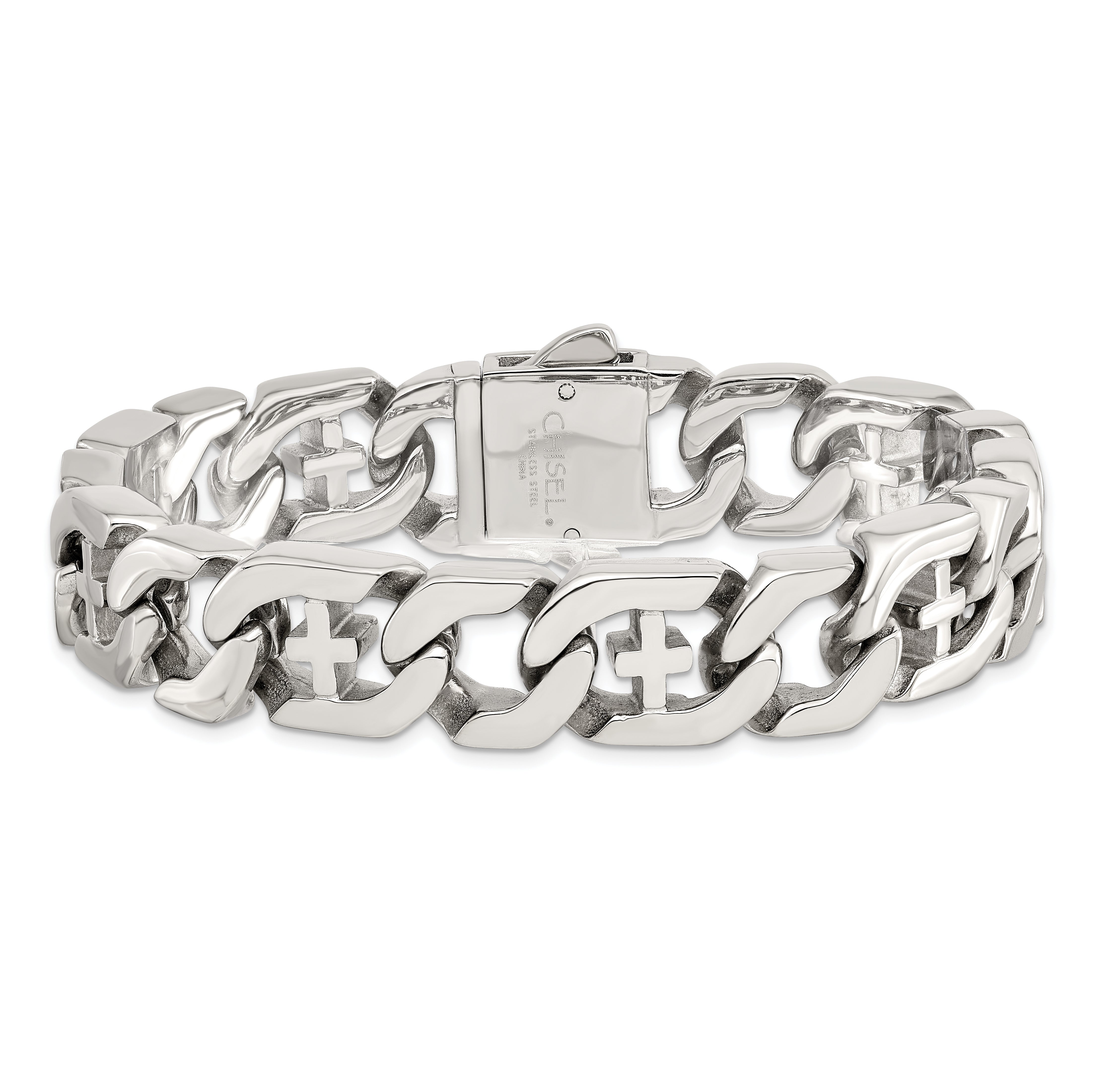 Chisel Stainless Steel Polished Crosses 8.5 inch Link Bracelet