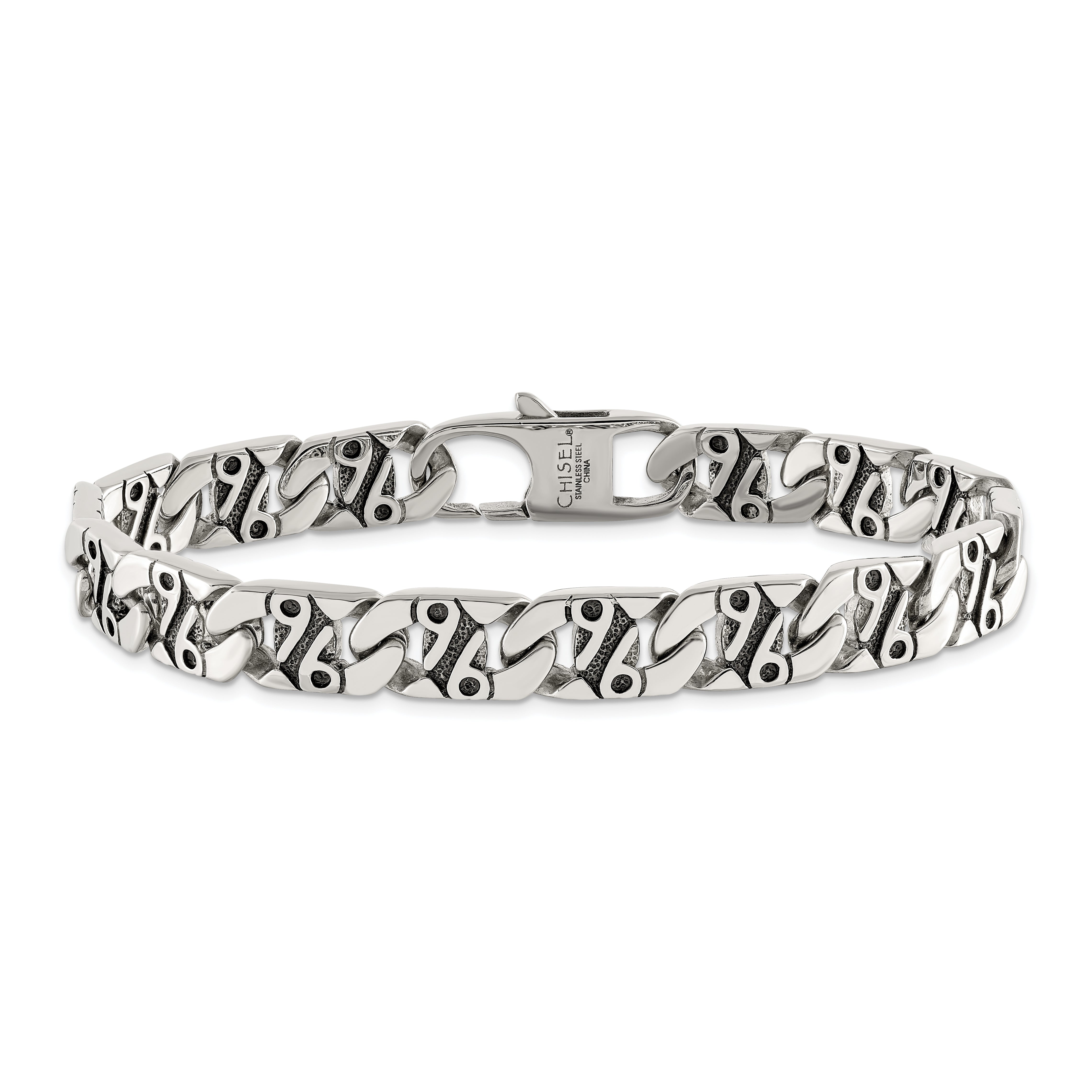 Chisel Stainless Steel Antiqued Polished and Textured 8.75 inch Fancy Link Bracelet