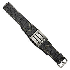 Stainless Steel Brushed Black Leather Adjustable Buckle 9in Bracelet