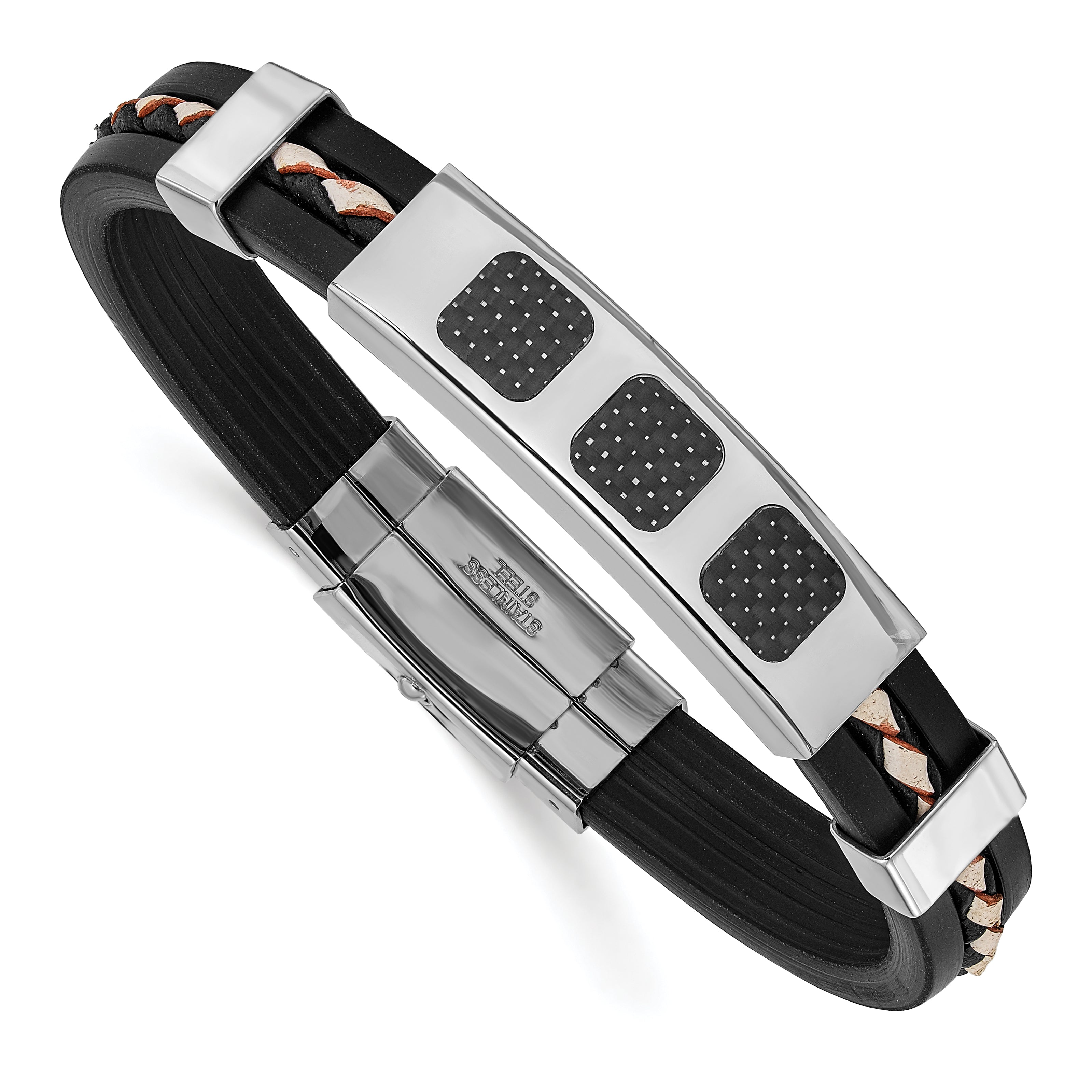 Stainless Steel Black Rubber, Carbon Fiber & Leather 7.75in Bracelet