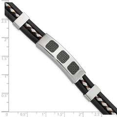 Stainless Steel Black Rubber, Carbon Fiber & Leather 7.75in Bracelet