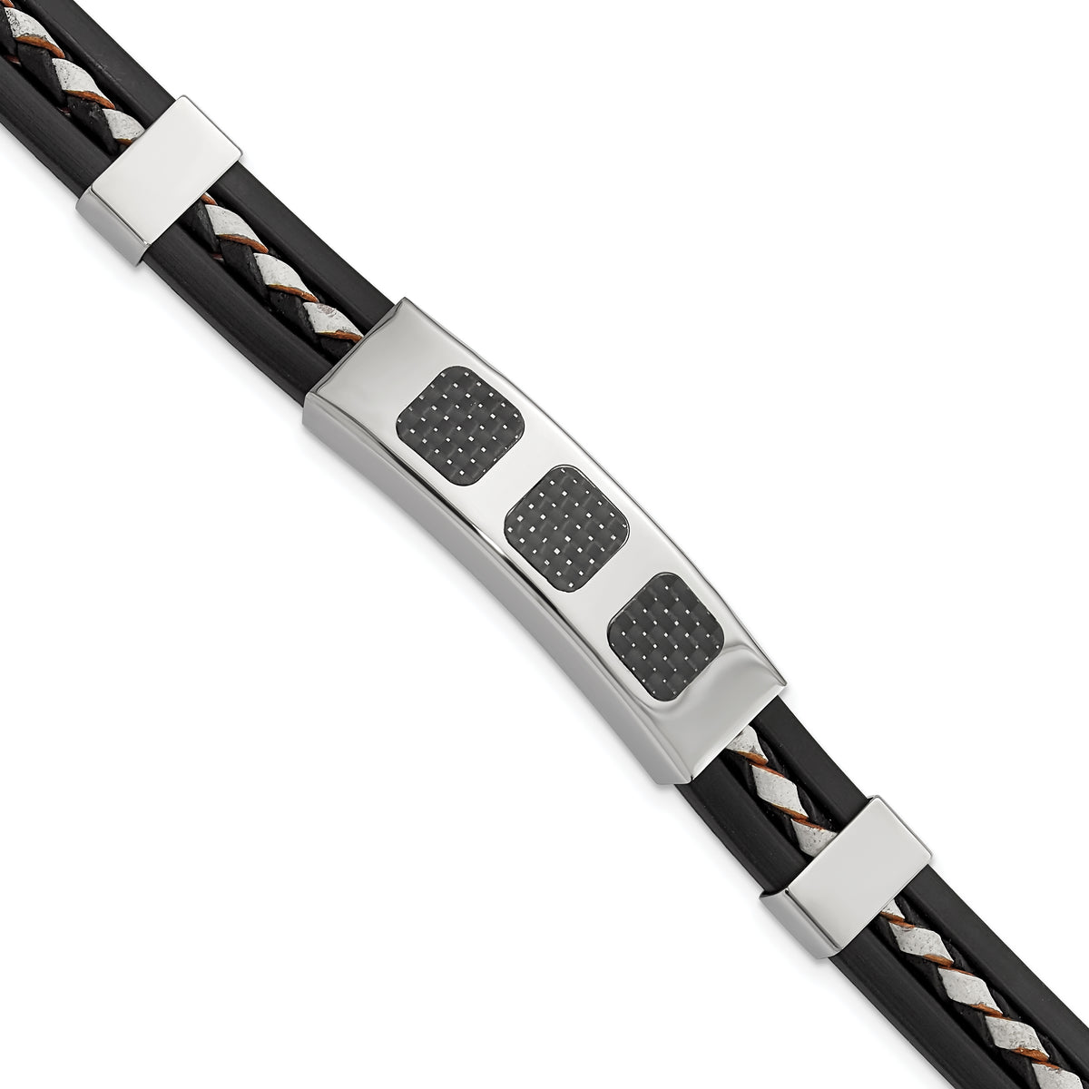 Stainless Steel Black Rubber, Carbon Fiber & Leather 7.75in Bracelet