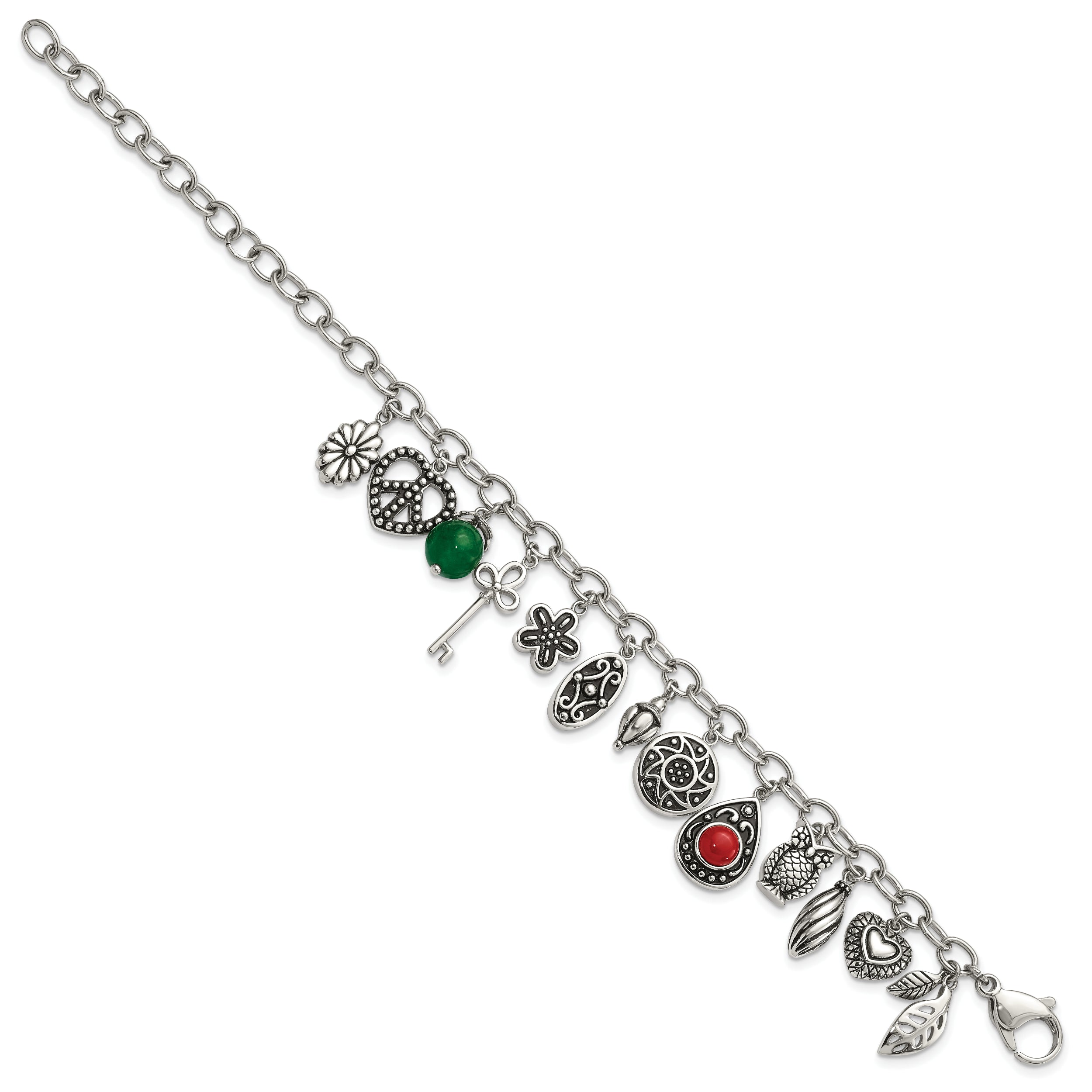 Stainless Steel Polished & Antiqued Synthetic Jade & Red Glass w/ 2in ext. Charm Bracelet