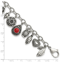 Stainless Steel Polished & Antiqued Synthetic Jade & Red Glass w/ 2in ext. Charm Bracelet