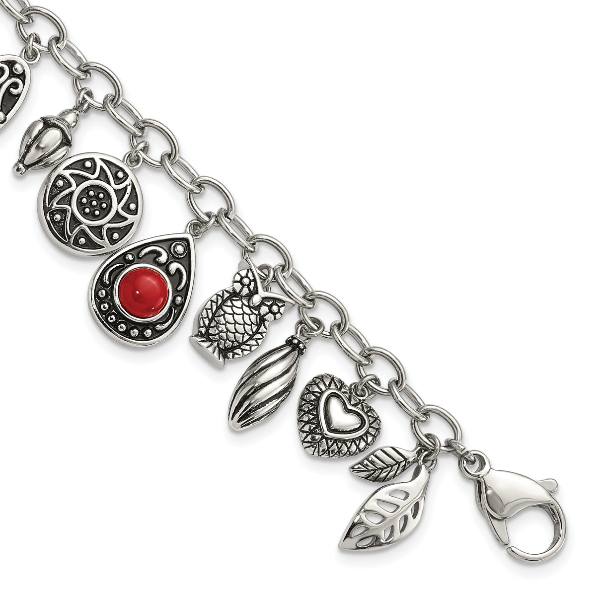 Stainless Steel Polished & Antiqued Synthetic Jade & Red Glass w/ 2in ext. Charm Bracelet