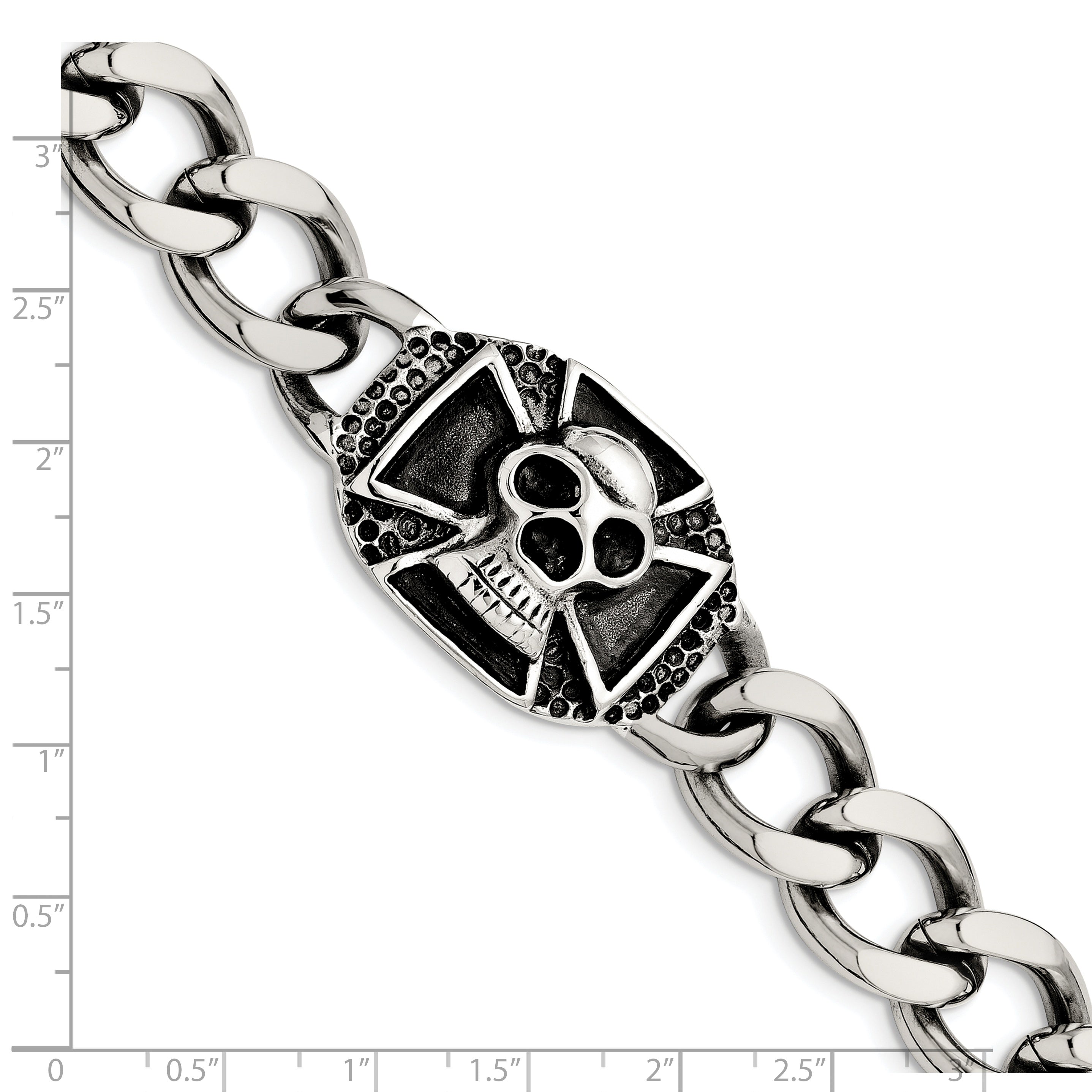 Chisel Stainless Steel Antiqued and Polished Skull 9 inch Curb Bracelet