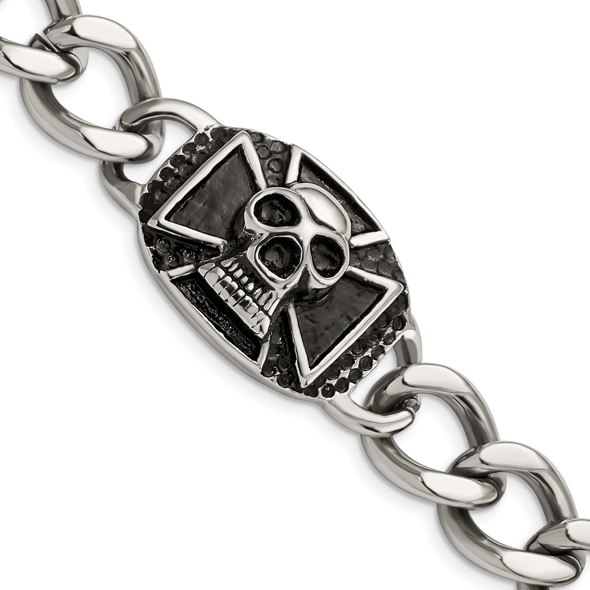 Chisel Stainless Steel Antiqued and Polished Skull 9 inch Curb Bracelet