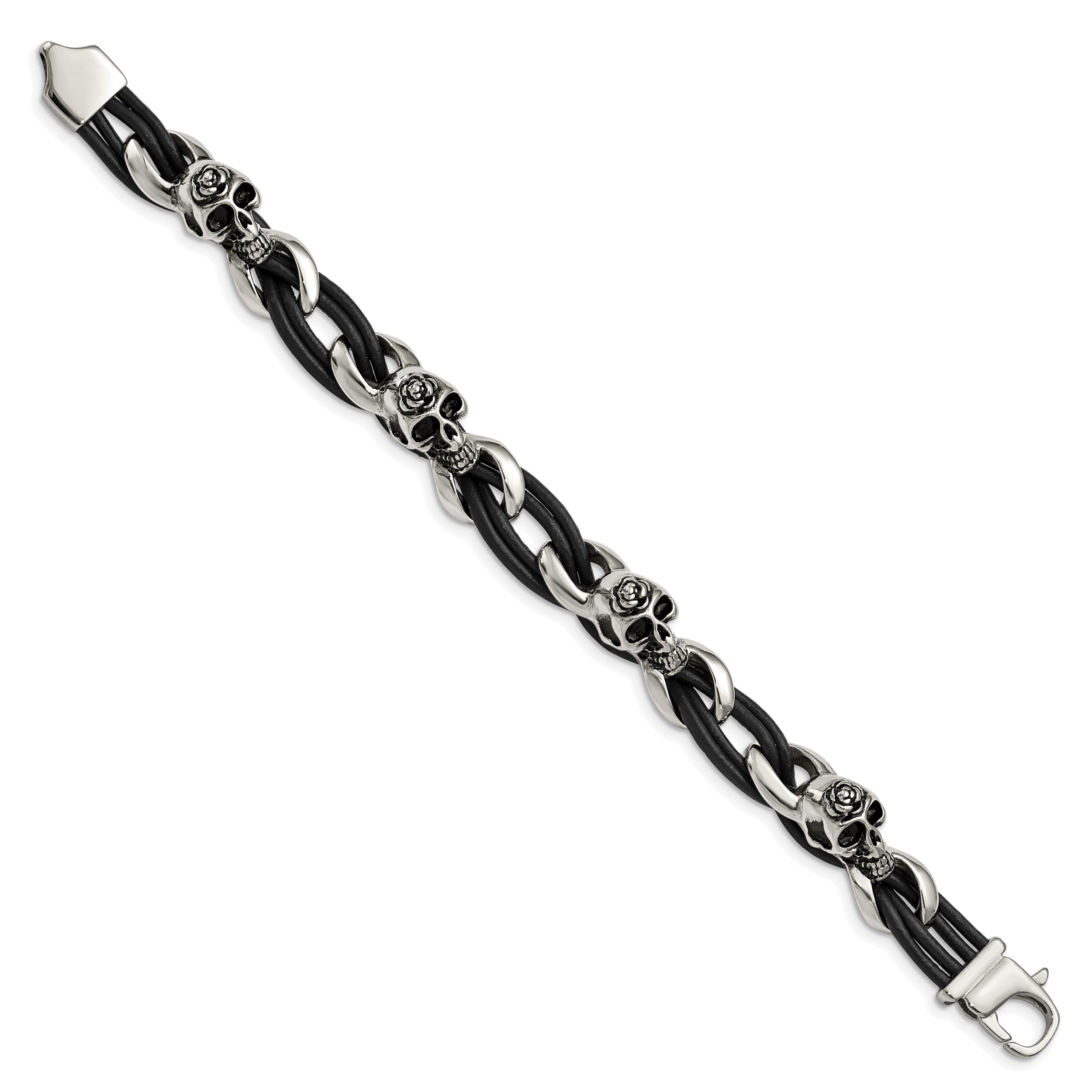 Chisel Stainless Steel Antiqued and Polished Skulls with Roses Black Leather 8 inch Bracelet