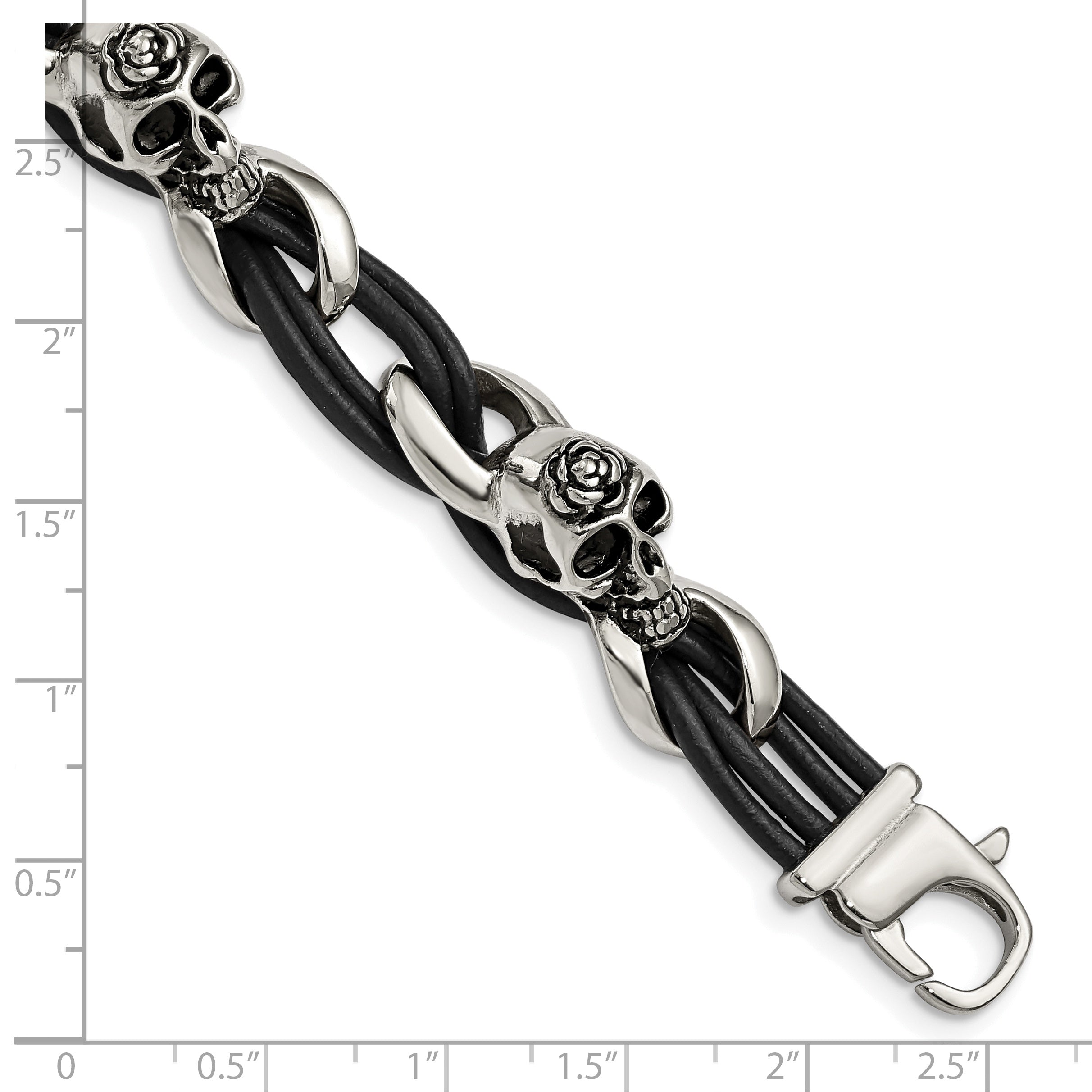 Chisel Stainless Steel Antiqued and Polished Skulls with Roses Black Leather 8 inch Bracelet