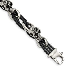 Chisel Stainless Steel Antiqued and Polished Skulls with Roses Black Leather 8 inch Bracelet