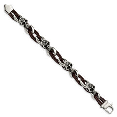 Chisel Stainless Steel Antiqued and Polished Skulls with Roses Brown Leather 8 inch Bracelet