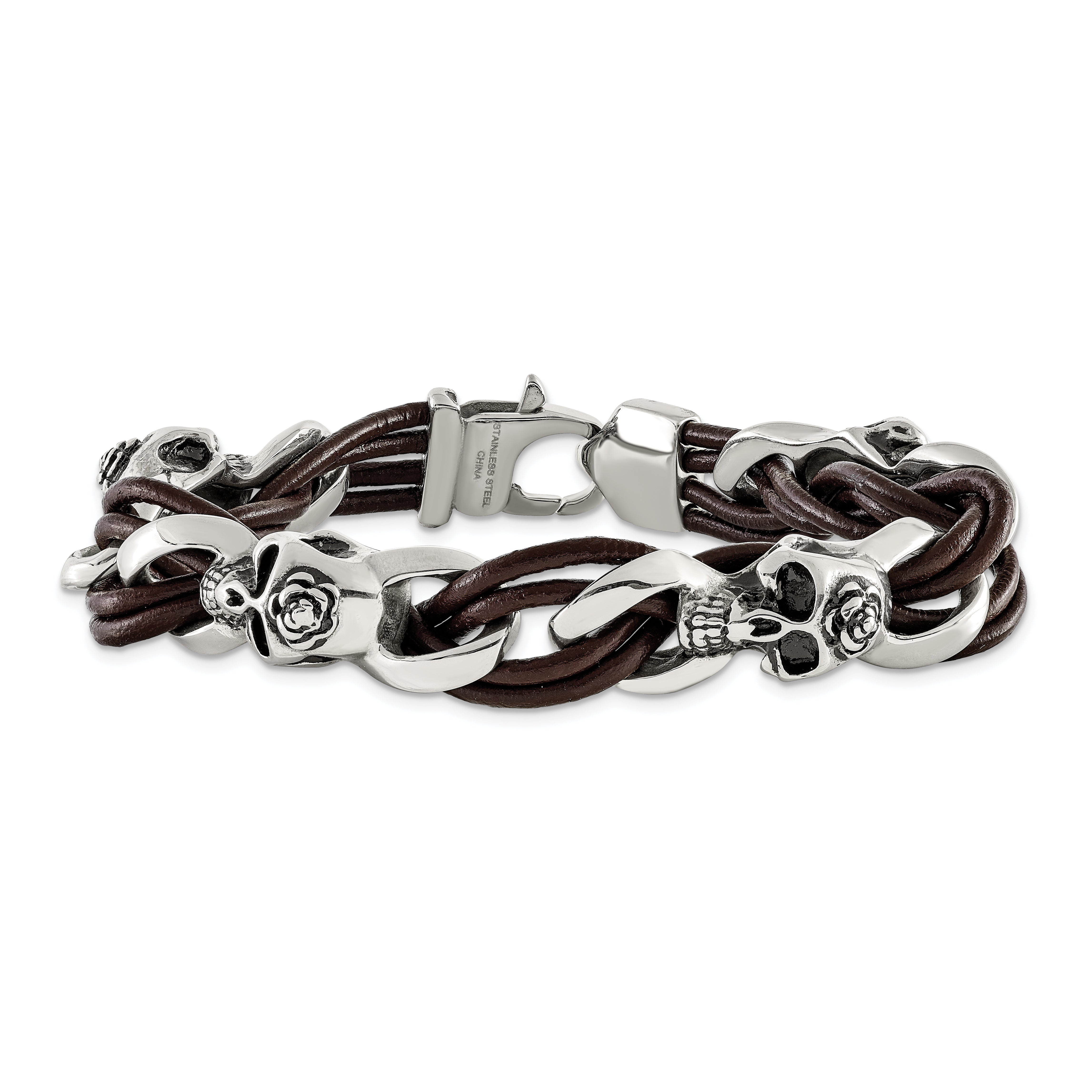 Chisel Stainless Steel Antiqued and Polished Skulls with Roses Brown Leather 8 inch Bracelet