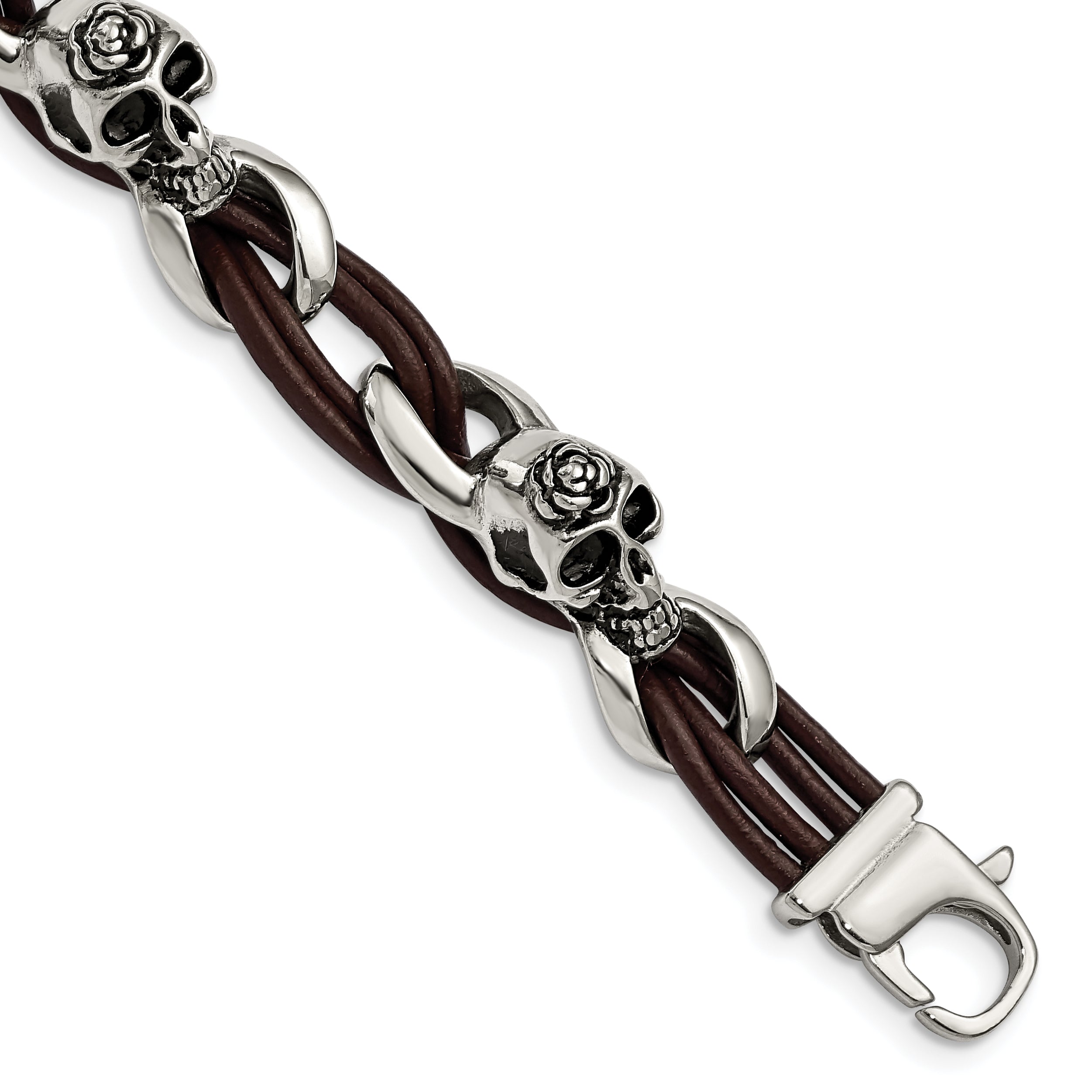 Chisel Stainless Steel Antiqued and Polished Skulls with Roses Brown Leather 8 inch Bracelet