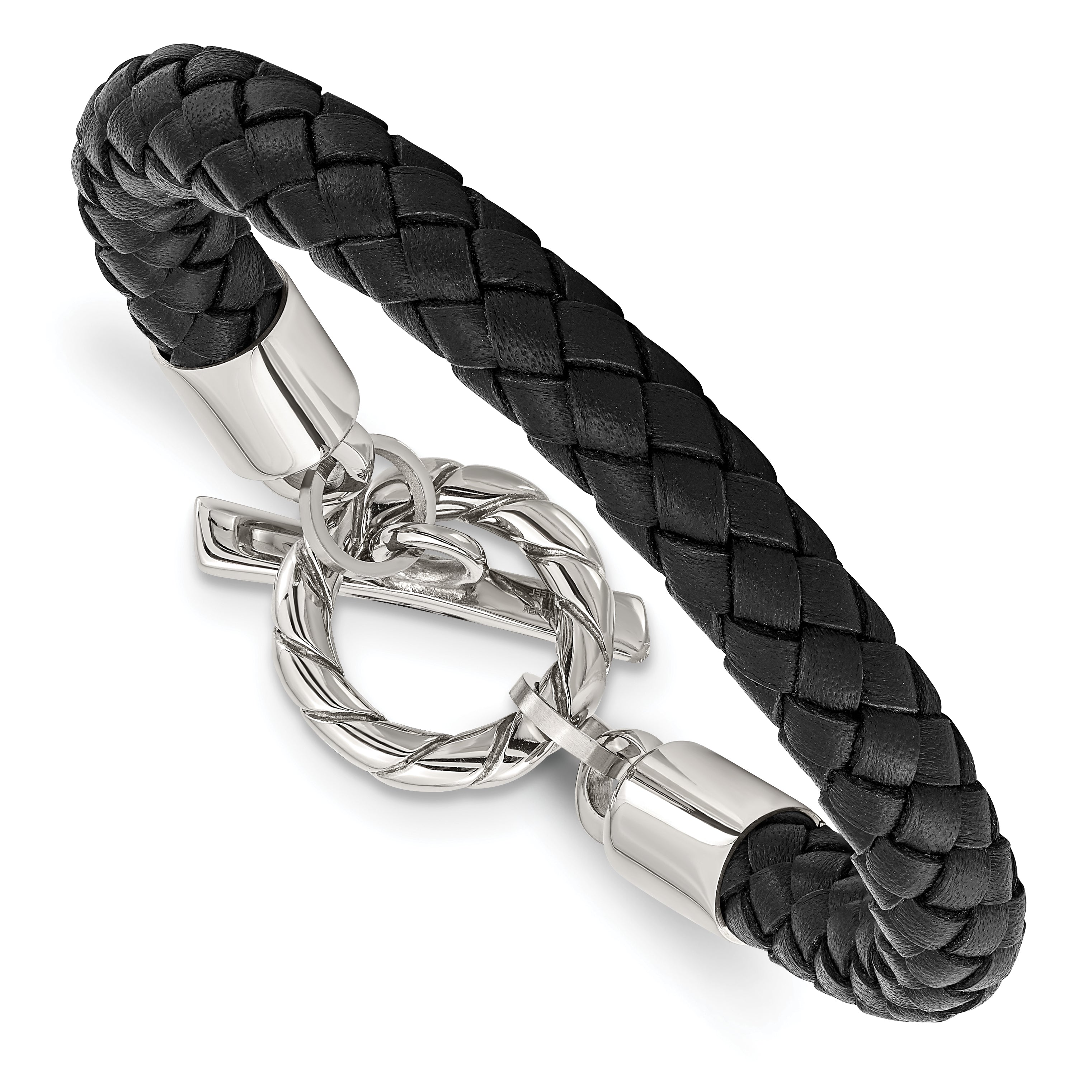 Chisel Stainless Steel Polished Black Braided Leather Toggle 8.5 inch Bracelet