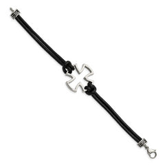 Chisel Stainless Steel Antiqued and Polished Cross Black Leather 8.25 inch Bracelet