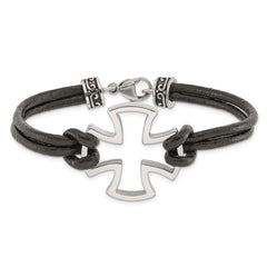 Chisel Stainless Steel Antiqued and Polished Cross Black Leather 8.25 inch Bracelet