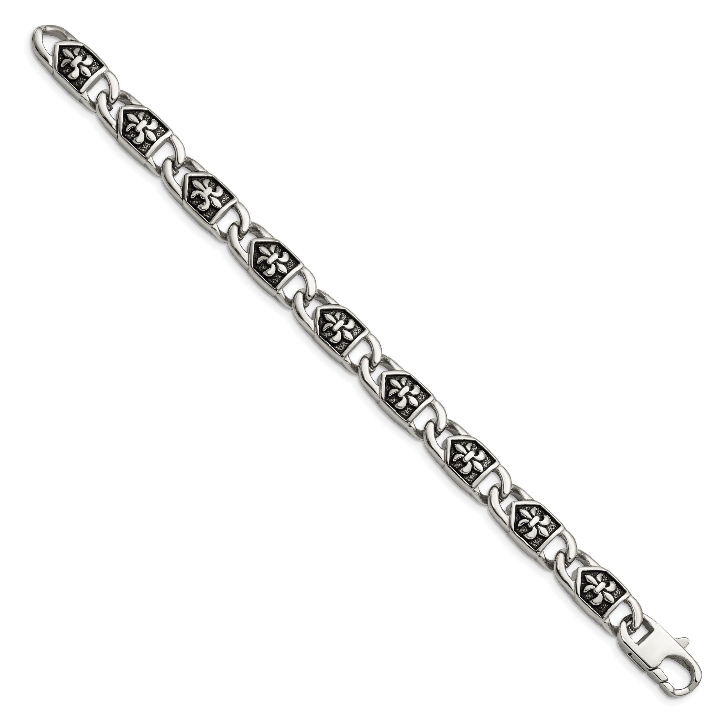 Chisel Stainless Steel Antiqued and Polished Fleur de Lis 8.75 inch Link Bracelet