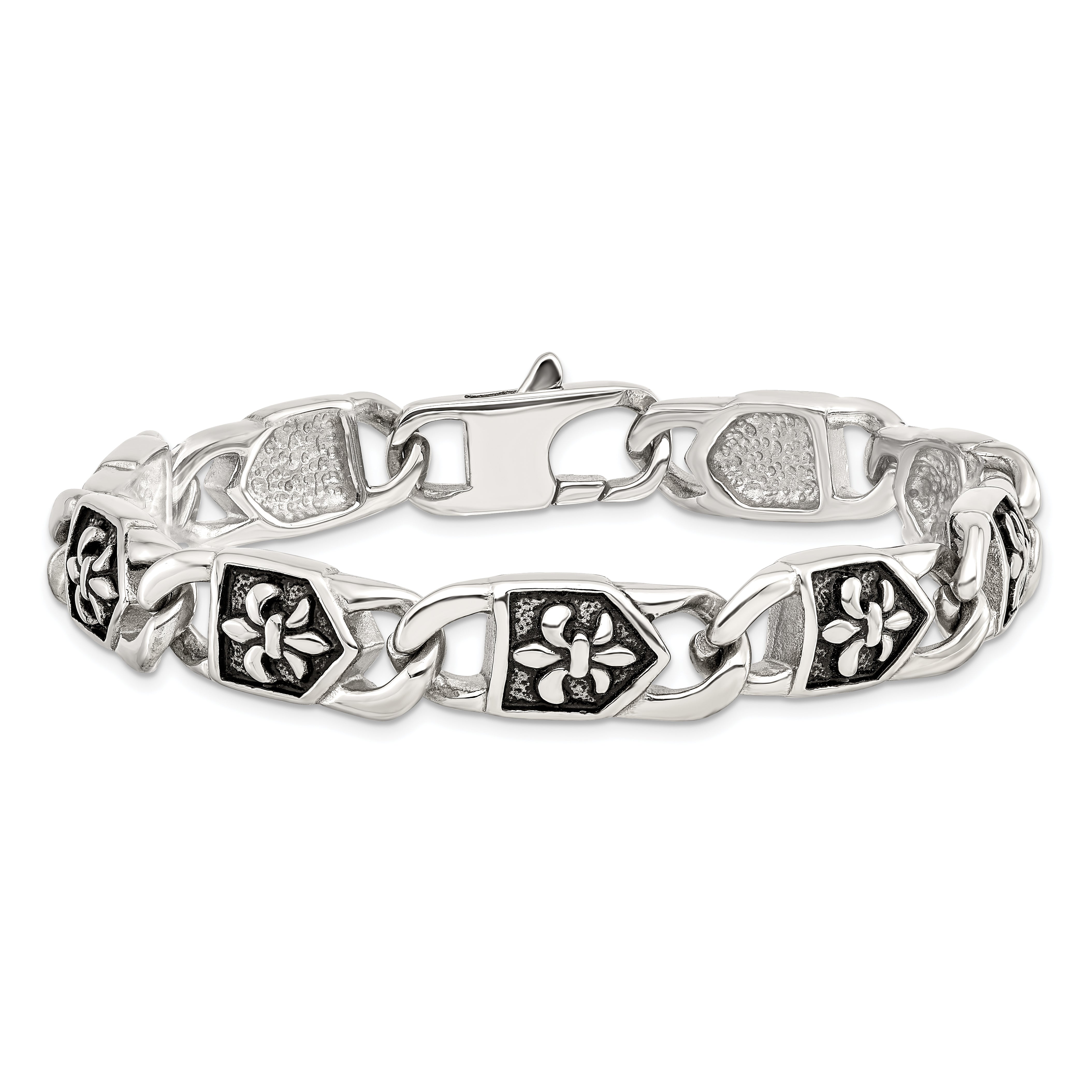 Chisel Stainless Steel Antiqued and Polished Fleur de Lis 8.75 inch Link Bracelet