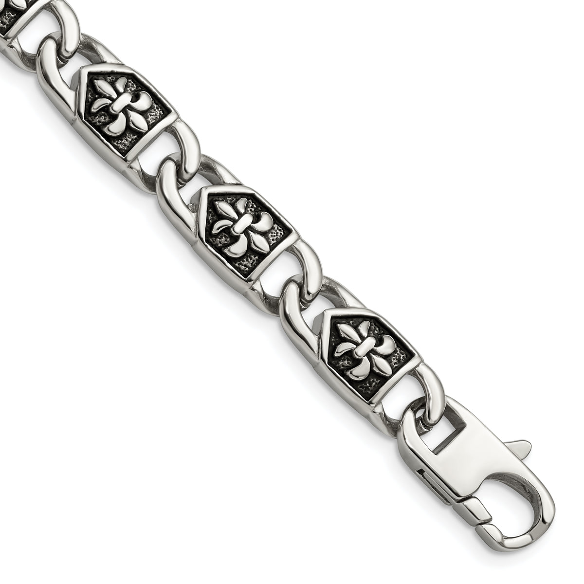 Chisel Stainless Steel Antiqued and Polished Fleur de Lis 8.75 inch Link Bracelet