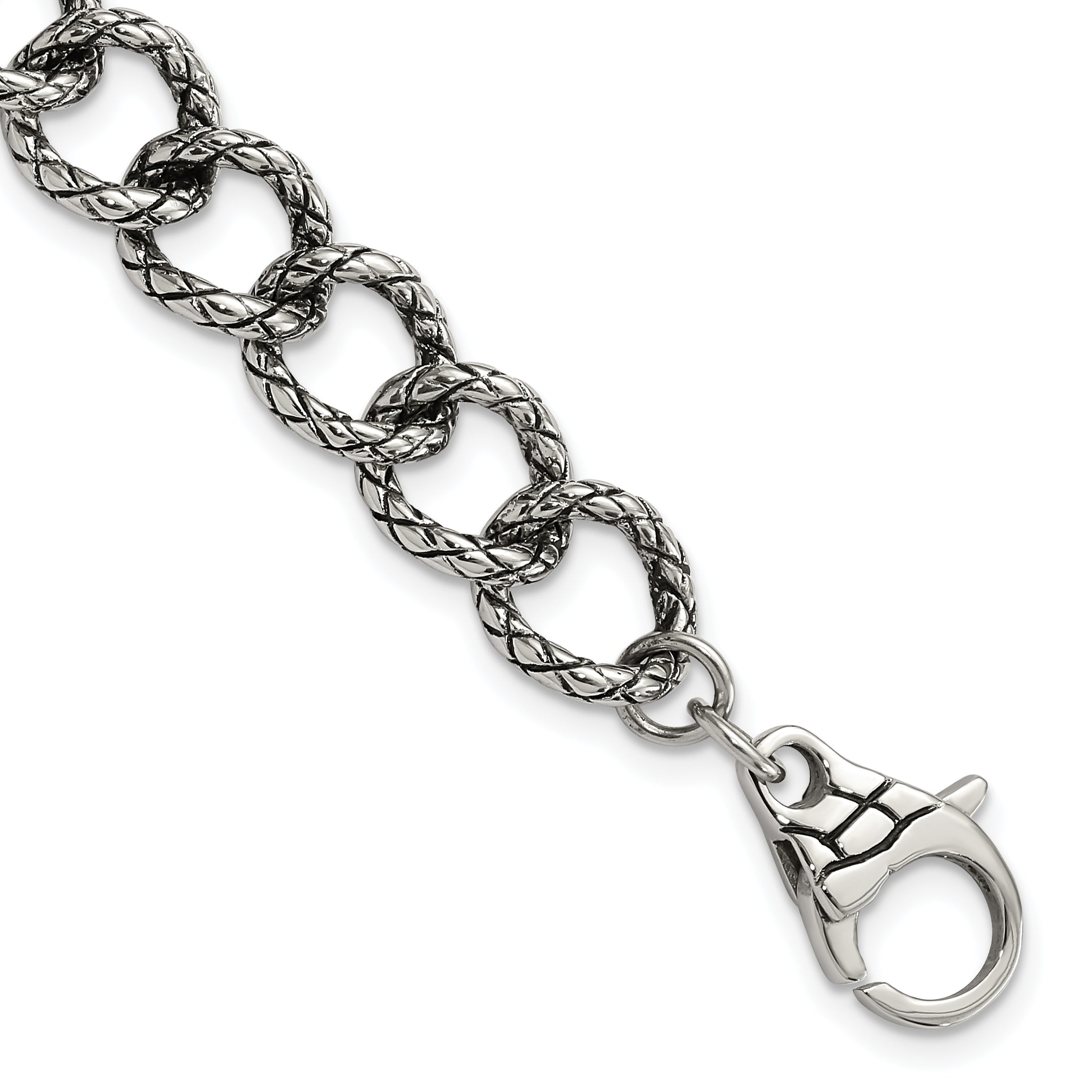 Stainless Steel Polished & Antiqued Textured Link Bracelet