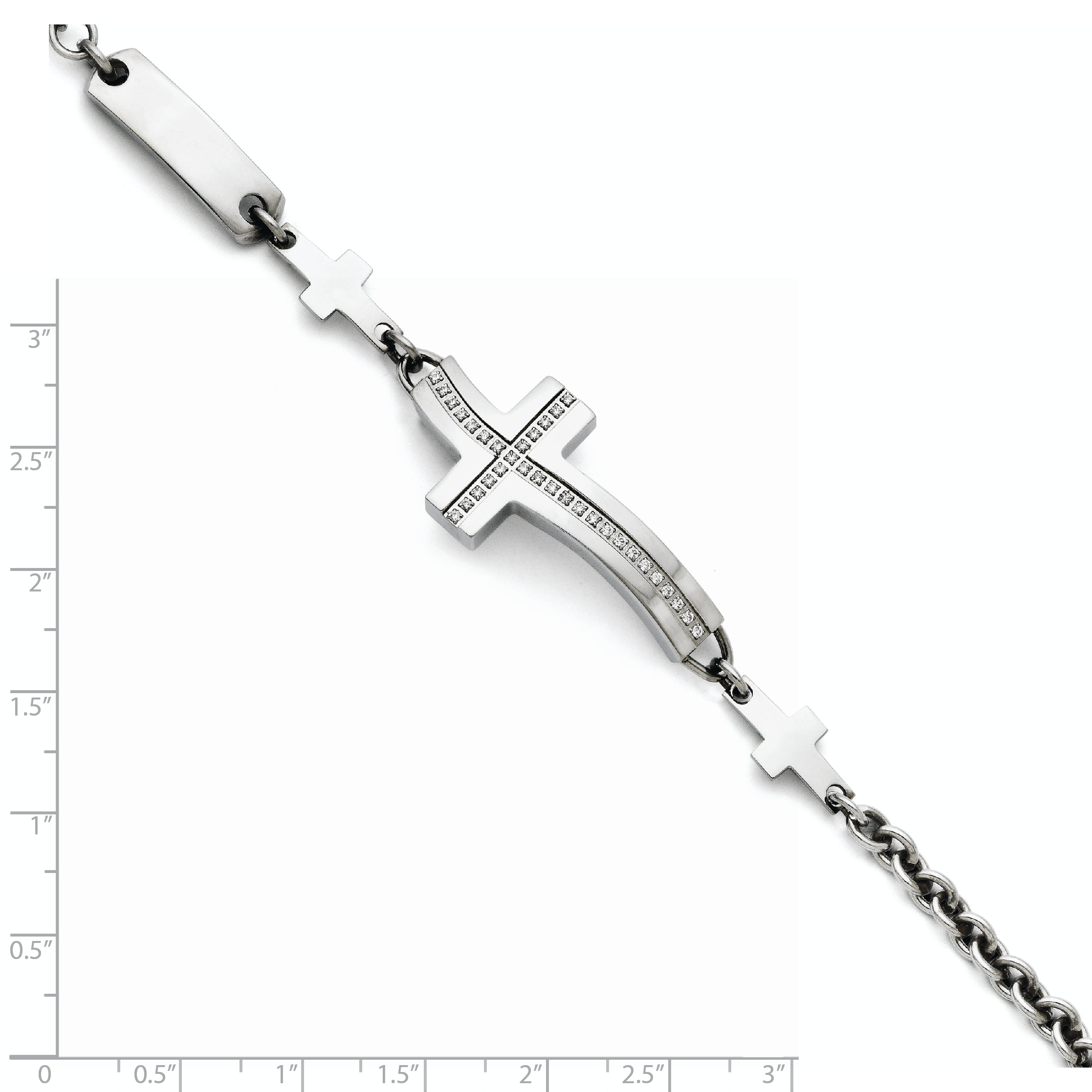 Stainless Steel Polished Wavy CZ Sideways Cross Bracelet