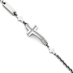 Stainless Steel Polished Wavy CZ Sideways Cross Bracelet