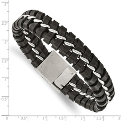 Chisel Stainless Steel Brushed and Polished Black Leather 9 inch Bracelet