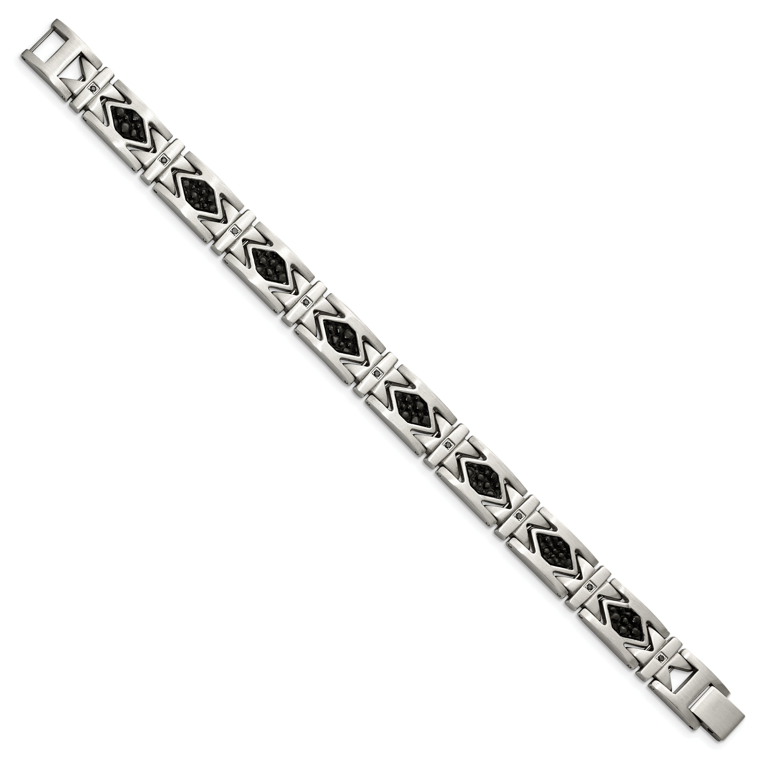 Chisel Stainless Steel Brushed with Stringray Textured Black Leather and Black CZ 8.5 inch Link Bracelet