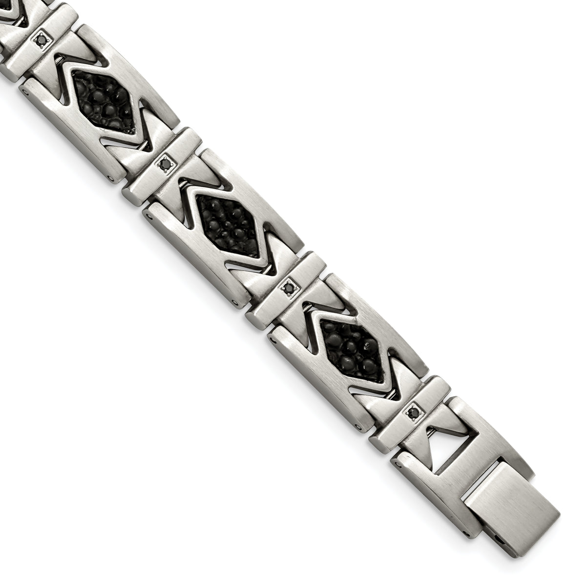 Chisel Stainless Steel Brushed with Stringray Textured Black Leather and Black CZ 8.5 inch Link Bracelet