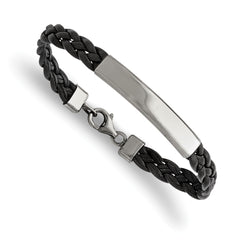 Chisel Stainless Steel Polished Braided Black Leather 8 inch ID Bracelet