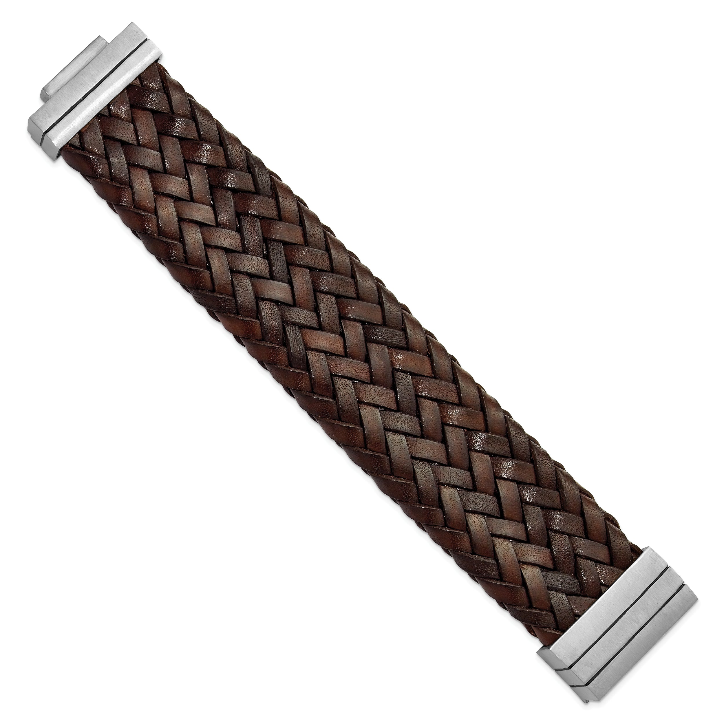 Stainless Steel Brushed & Brown Italian Woven Leather Bracelet