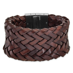 Stainless Steel Brushed & Brown Italian Woven Leather Bracelet