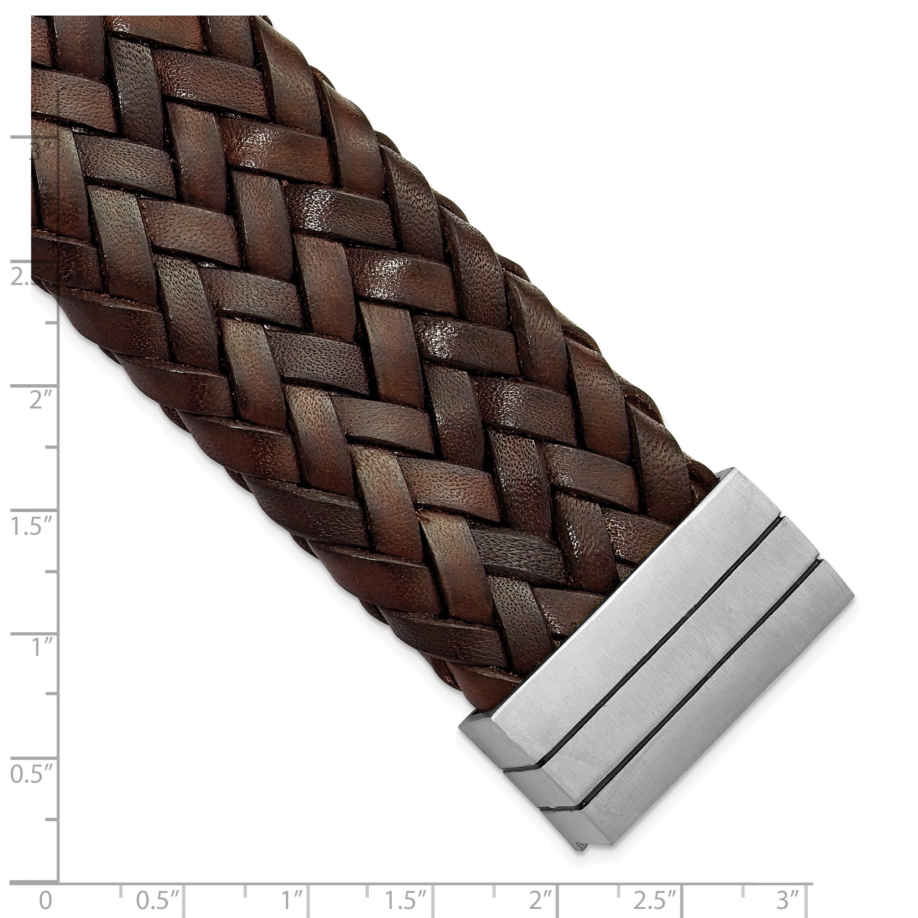 Stainless Steel Brushed & Brown Italian Woven Leather Bracelet