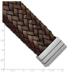 Stainless Steel Brushed & Brown Italian Woven Leather Bracelet