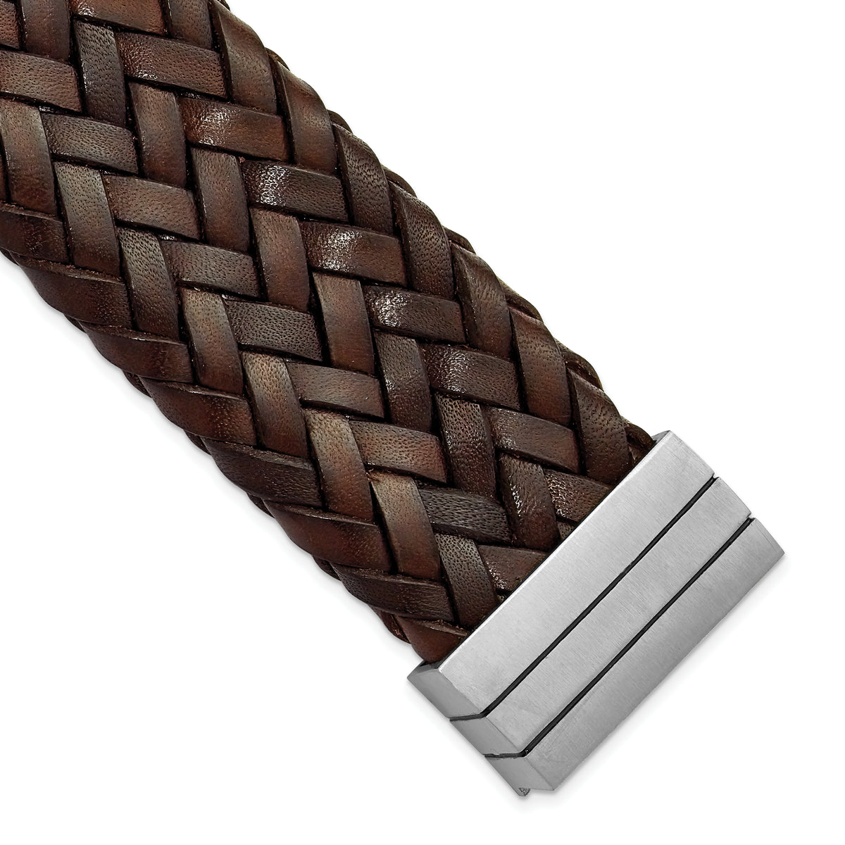 Stainless Steel Brushed & Brown Italian Woven Leather Bracelet