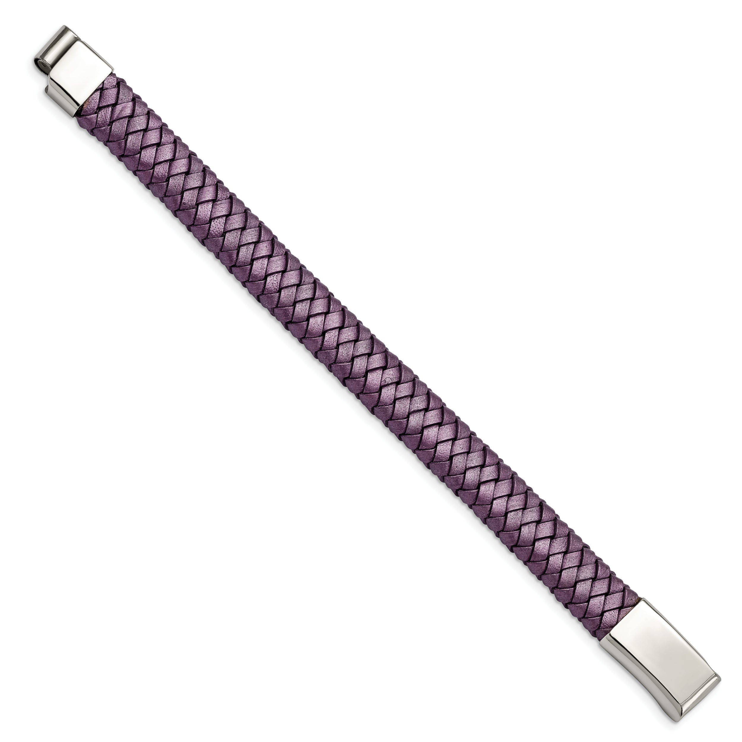 Chisel Stainless Steel Polished Metallic Purple Braided Leather 7.5 inch Bracelet