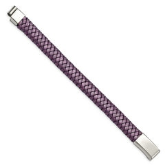 Chisel Stainless Steel Polished Metallic Purple Braided Leather 7.5 inch Bracelet