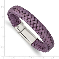 Chisel Stainless Steel Polished Metallic Purple Braided Leather 7.5 inch Bracelet