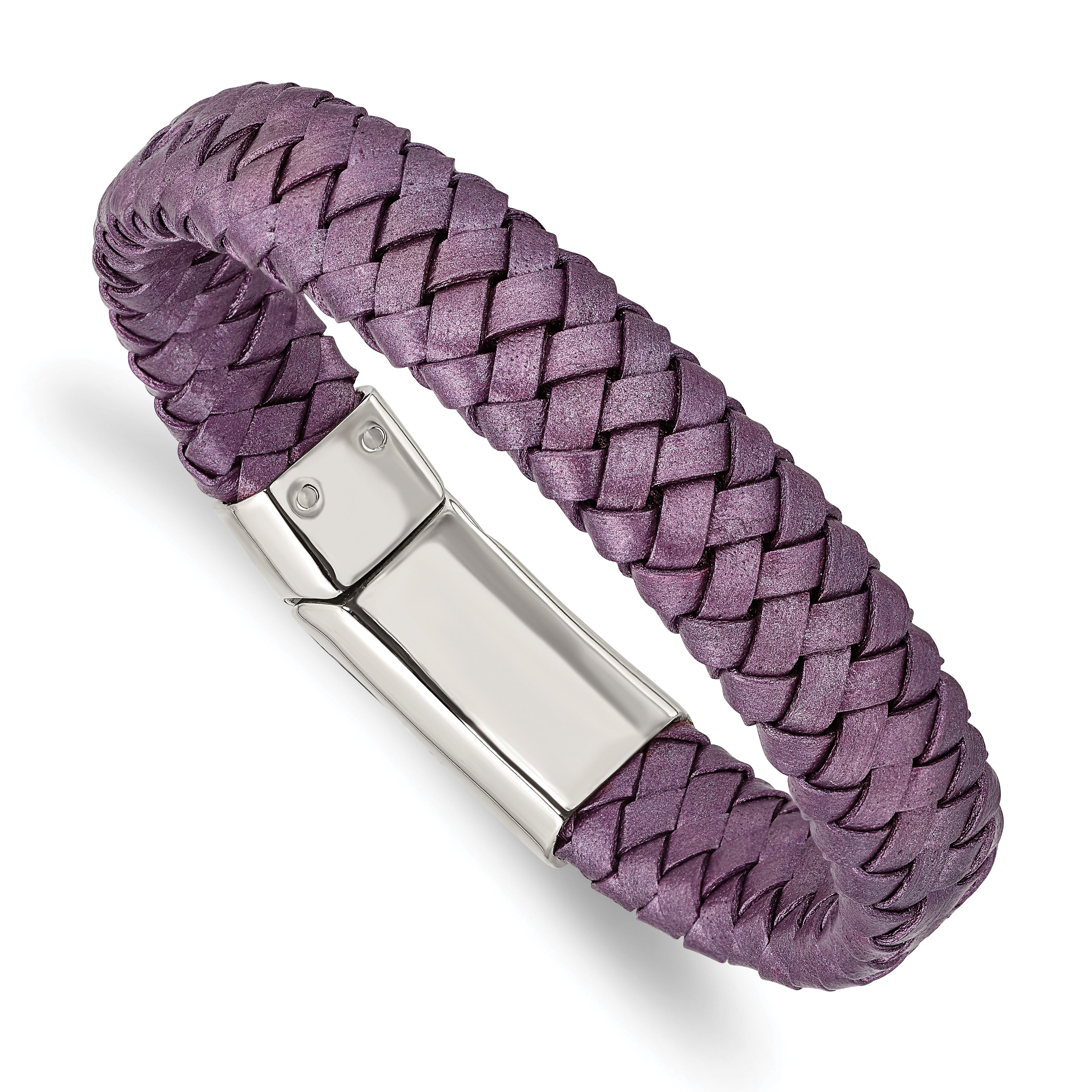 Chisel Stainless Steel Polished Metallic Purple Braided Leather 7.5 inch Bracelet