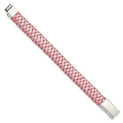 Chisel Stainless Steel Polished Metallic Pink Braided Leather 7.5 inch Bracelet