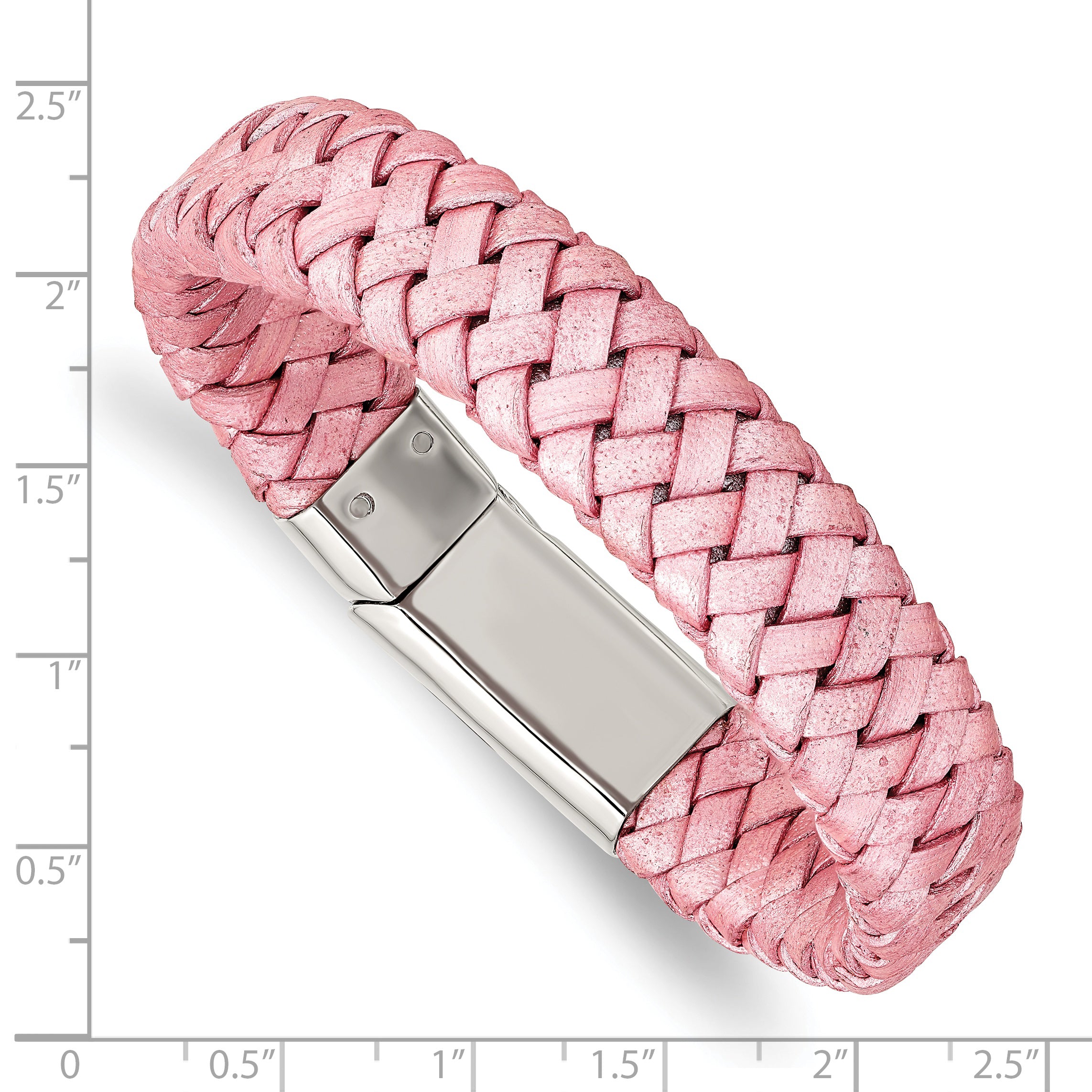 Chisel Stainless Steel Polished Metallic Pink Braided Leather 7.5 inch Bracelet