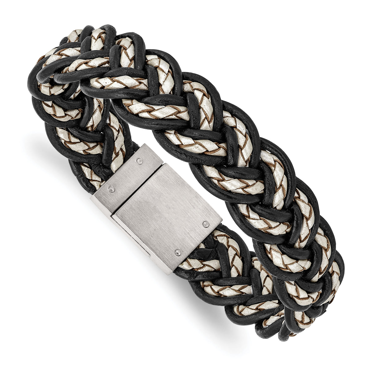 Stainless Steel Brushed Black and Cream Woven Leather 8.5in Bracelet