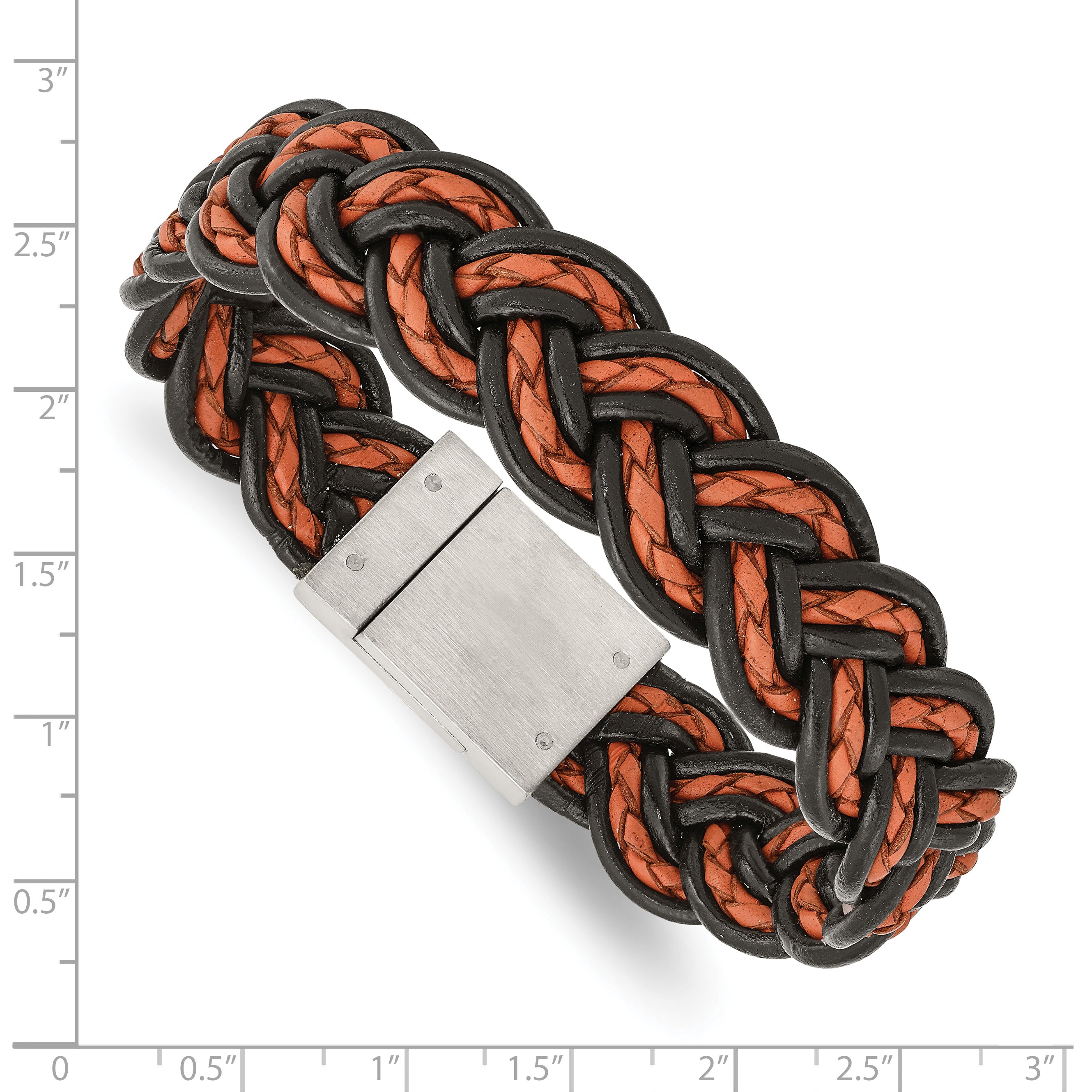 Stainless Steel Brushed Black and Orange Woven Leather 8.5in Bracelet