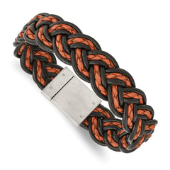 Stainless Steel Brushed Black and Orange Woven Leather 8.5in Bracelet