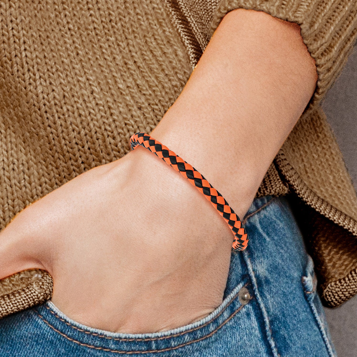 Chisel Stainless Steel Polished Black IP-plated Black and Orange Braided Leather 9 inch Bracelet