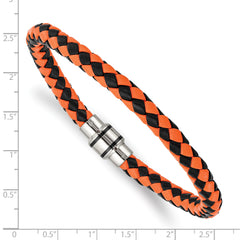 Chisel Stainless Steel Polished Black IP-plated Black and Orange Braided Leather 9 inch Bracelet