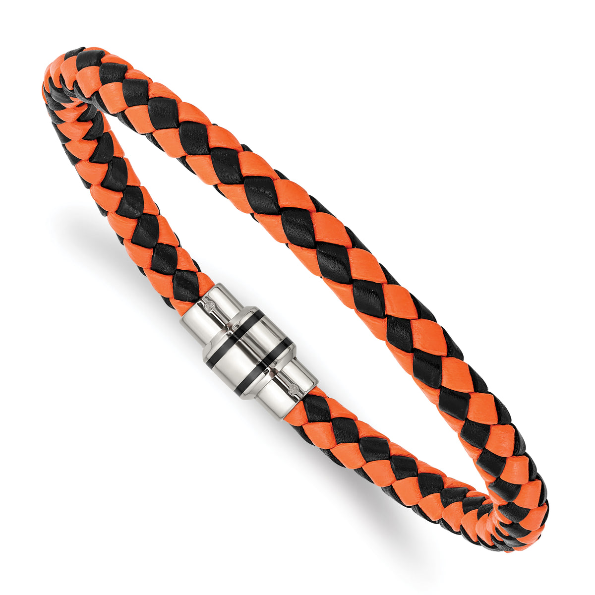 Chisel Stainless Steel Polished Black IP-plated Black and Orange Braided Leather 9 inch Bracelet