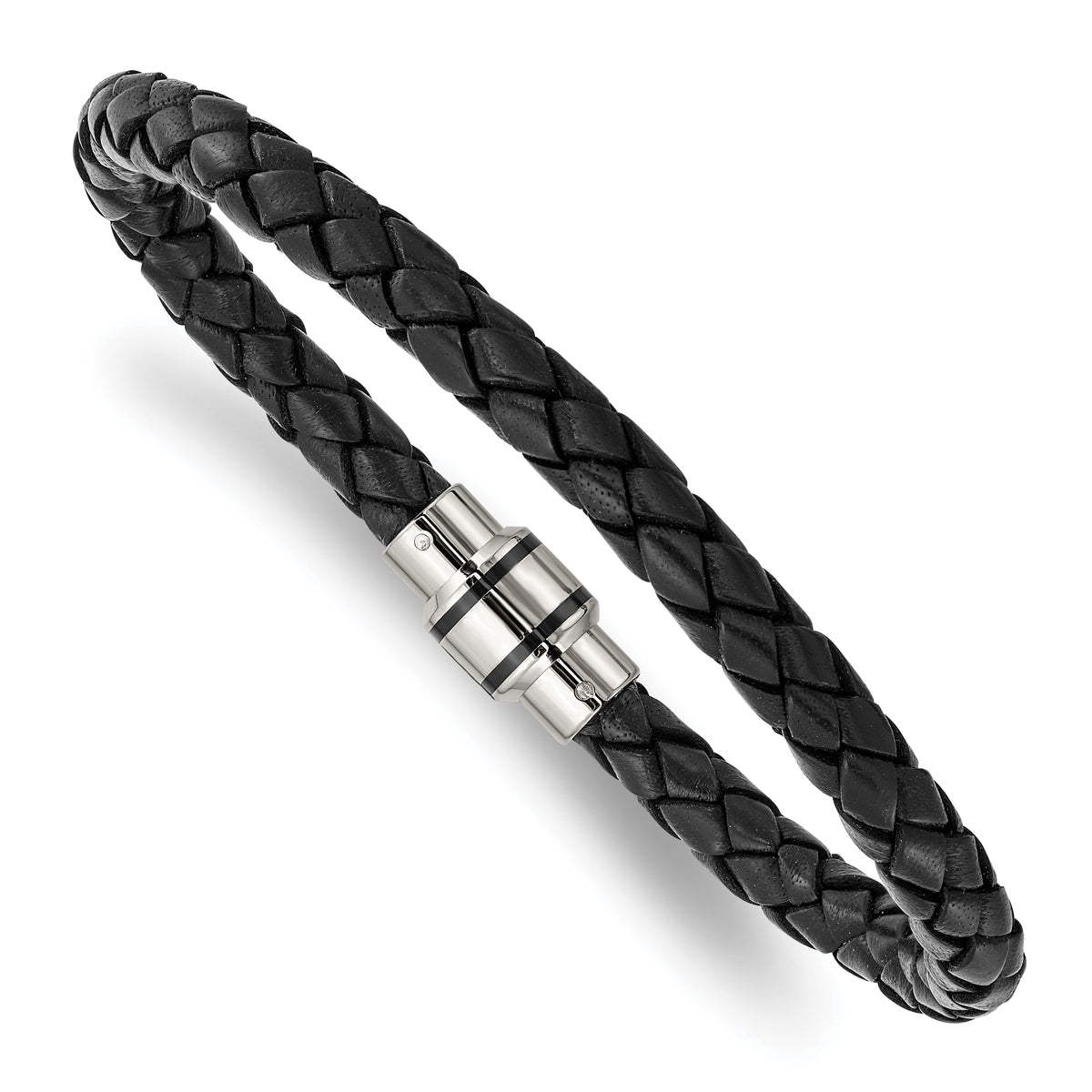 Chisel Stainless Steel Polished Black IP-plated Black Braided Leather 9 inch Bracelet