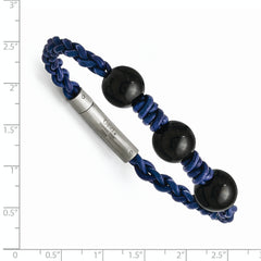 Stainless Steel Black Agate Bead and Blue Braided Leather Bracelet